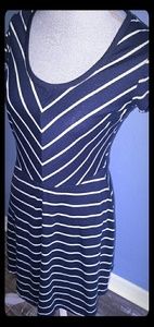 Navy & white striped fitted waist dress.